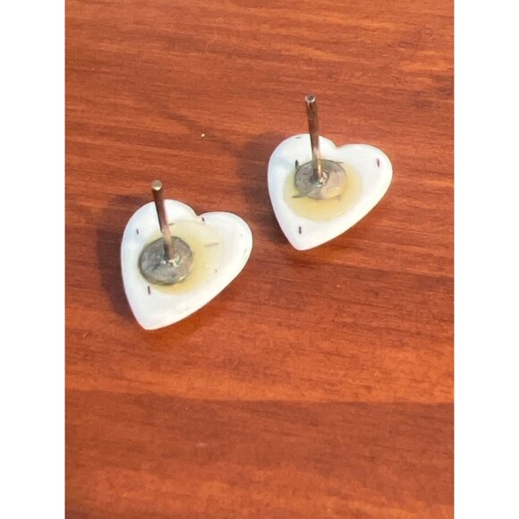 Vintage Porcelain Ceramic Heart Stud Earrings Hand Painted Pierced Estate 3/8" - Picture 3 of 4